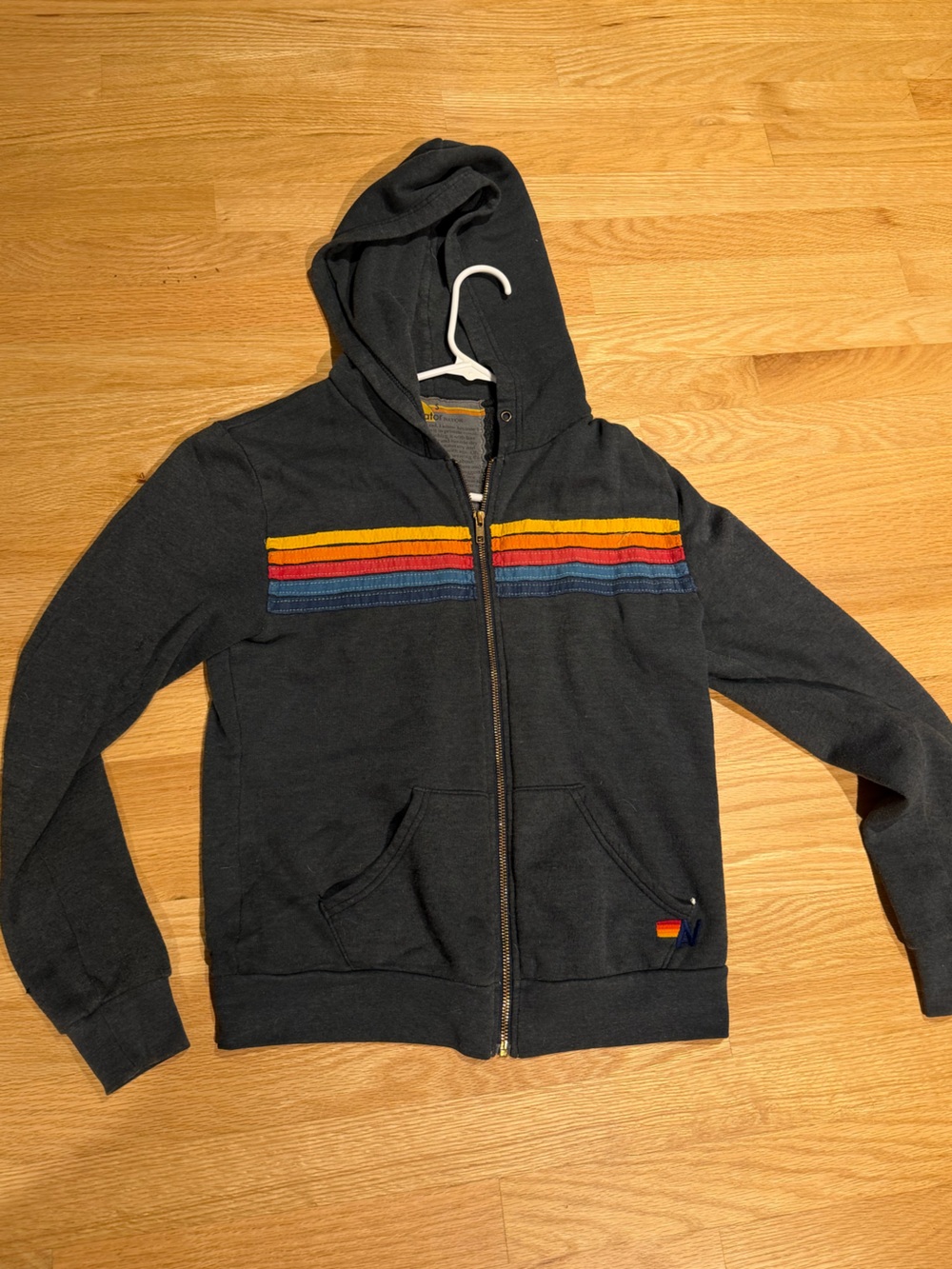 Aviator Nation Men's Black Zip-Up Hoodie with Red, Yellow & Blue Stripes